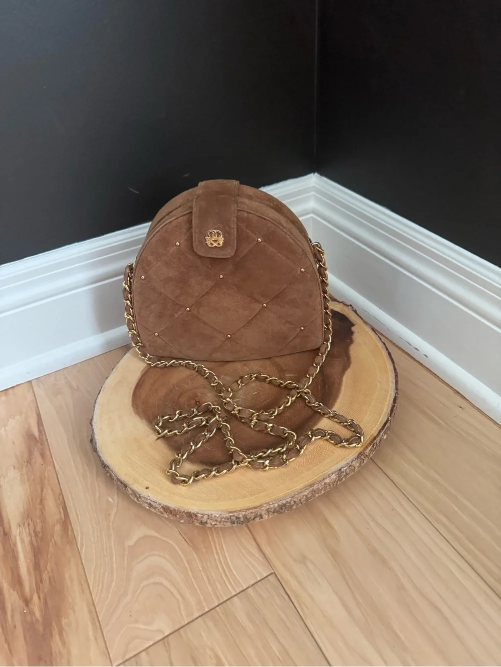Brown Suede Quilted Crossbody Bag with Gold Chain